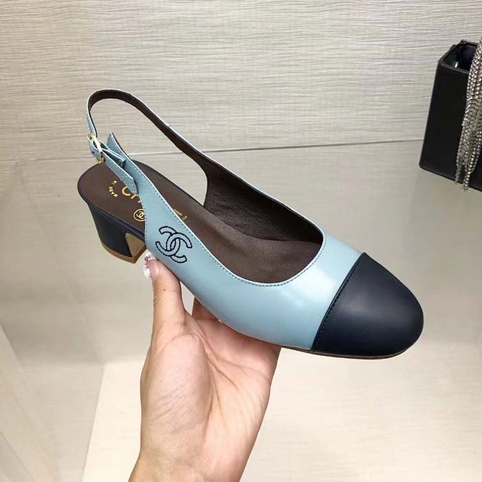 Chanel Women CC Slingbacks Calfskin Turquoise Dark Navy Blue