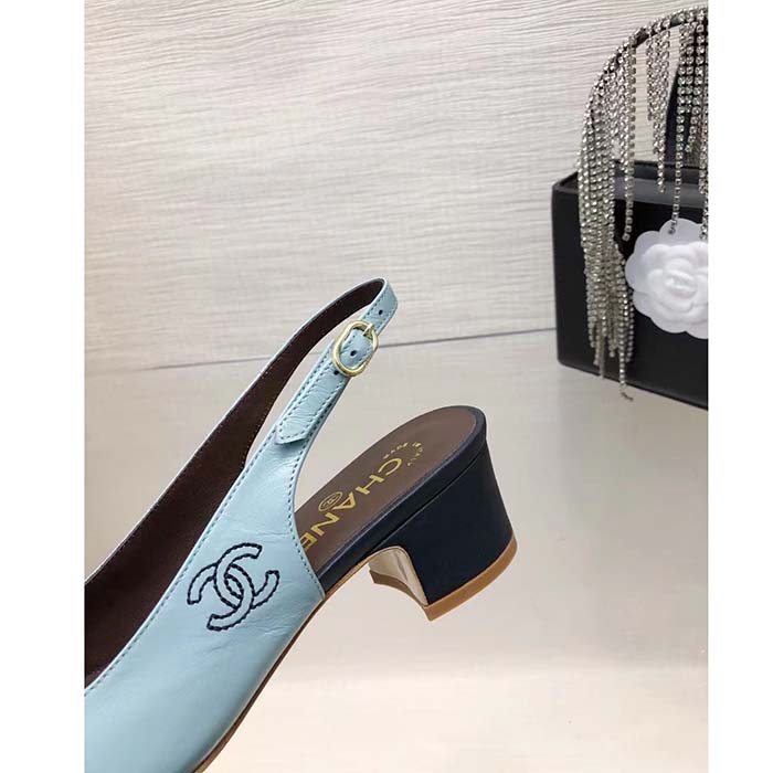 Chanel Women CC Slingbacks Calfskin Turquoise Dark Navy Blue