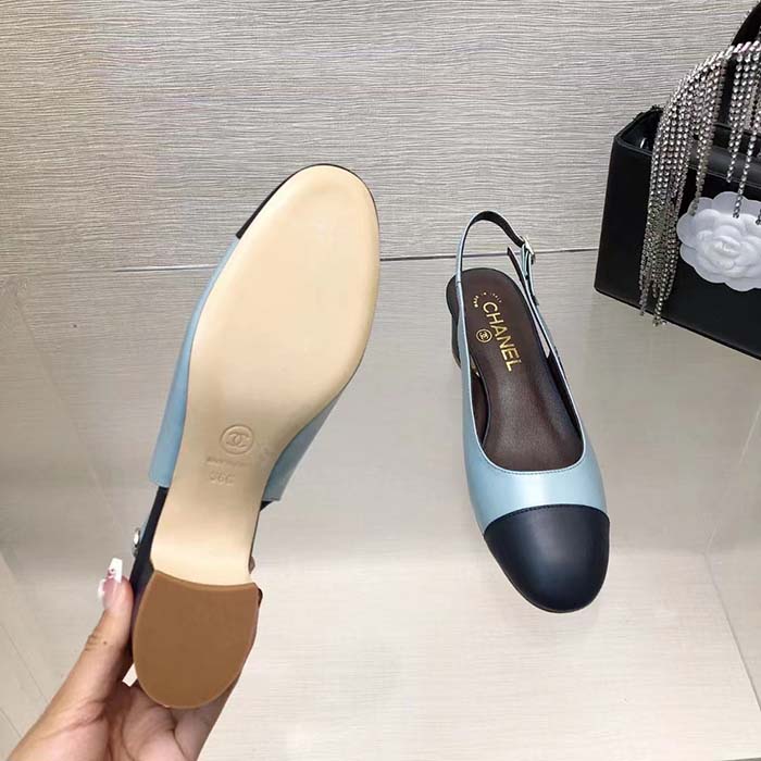 Chanel Women CC Slingbacks Calfskin Turquoise Dark Navy Blue