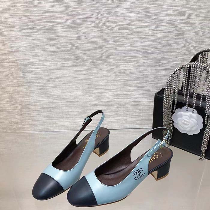 Chanel Women CC Slingbacks Calfskin Turquoise Dark Navy Blue