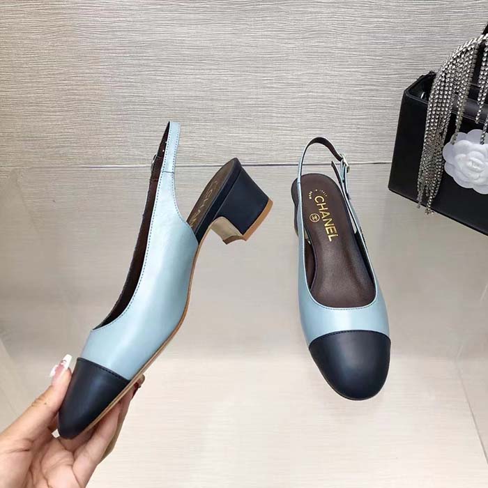 Chanel Women CC Slingbacks Calfskin Turquoise Dark Navy Blue