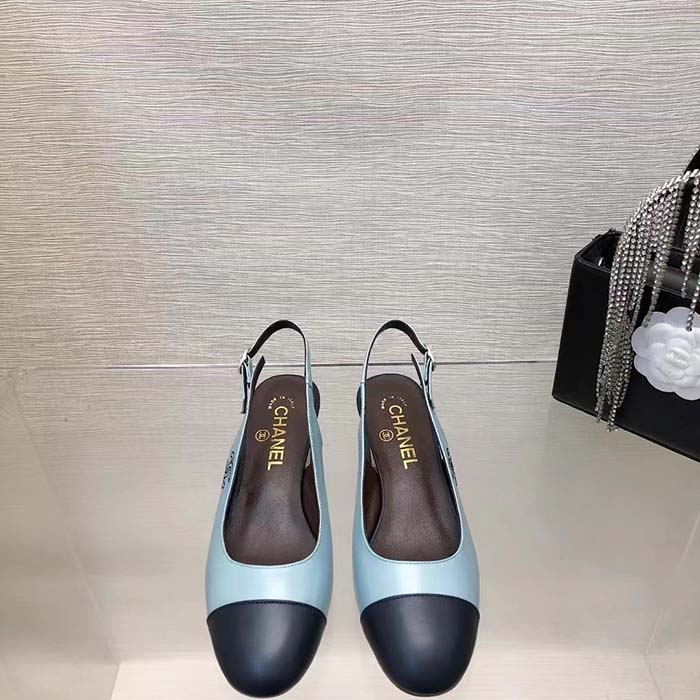 Chanel Women CC Slingbacks Calfskin Turquoise Dark Navy Blue