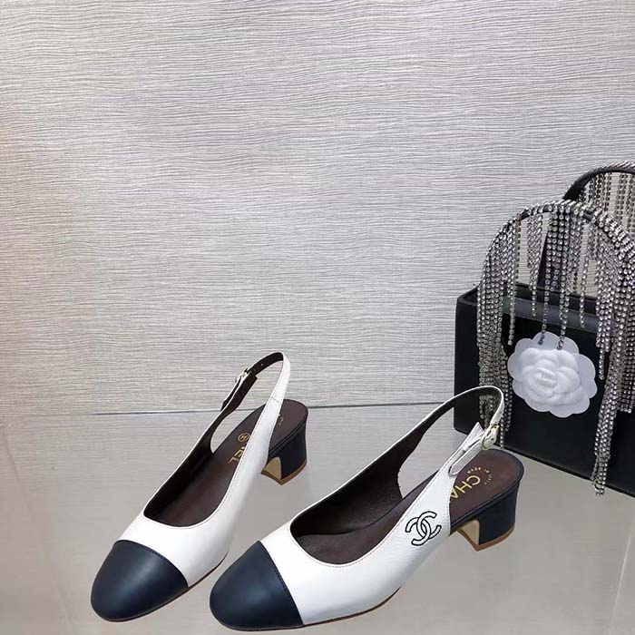 Chanel Women CC Slingbacks Calfskin White Dark Navy Blue