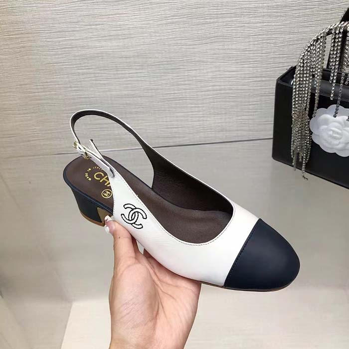 Chanel Women CC Slingbacks Calfskin White Dark Navy Blue