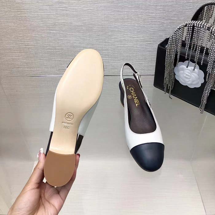Chanel Women CC Slingbacks Calfskin White Dark Navy Blue