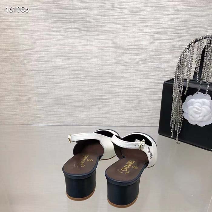 Chanel Women CC Slingbacks Calfskin White Dark Navy Blue