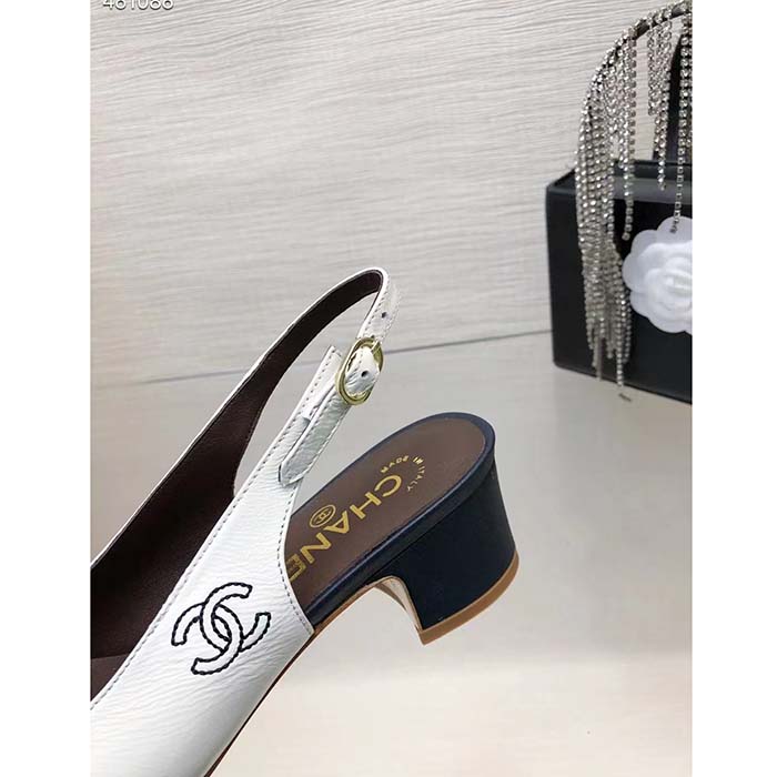 Chanel Women CC Slingbacks Calfskin White Dark Navy Blue