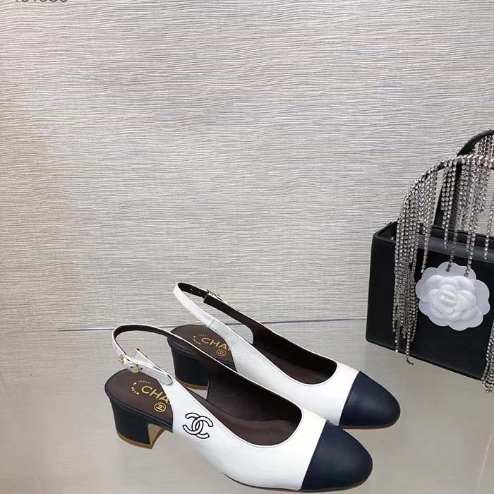 Chanel Women CC Slingbacks Calfskin White Dark Navy Blue