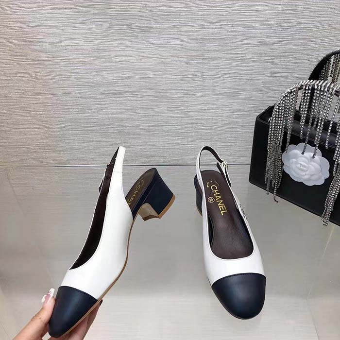 Chanel Women CC Slingbacks Calfskin White Dark Navy Blue