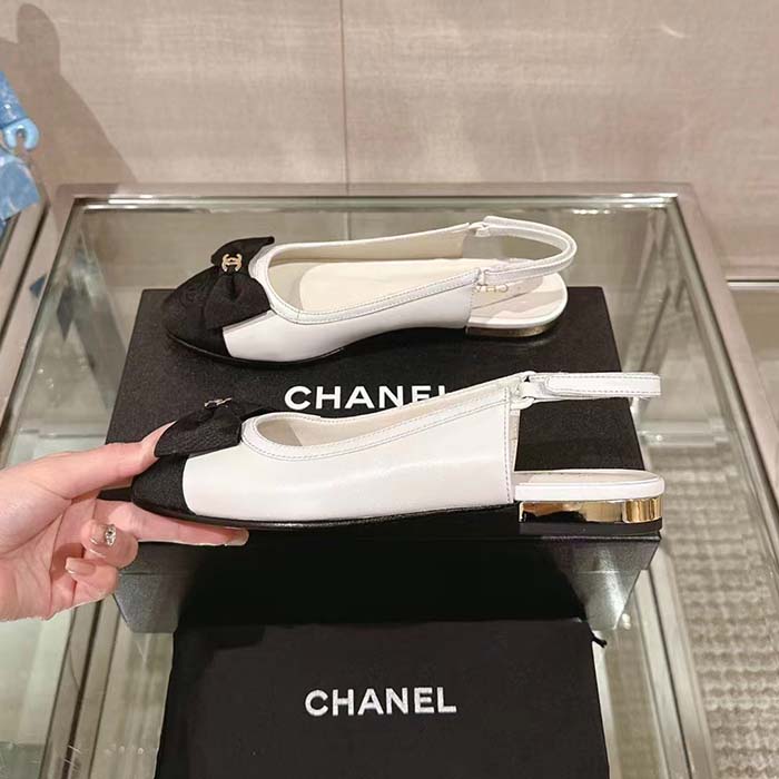 Chanel Women CC Slingbacks Lambskin Grosgrain White Black 1.5 CM Heel