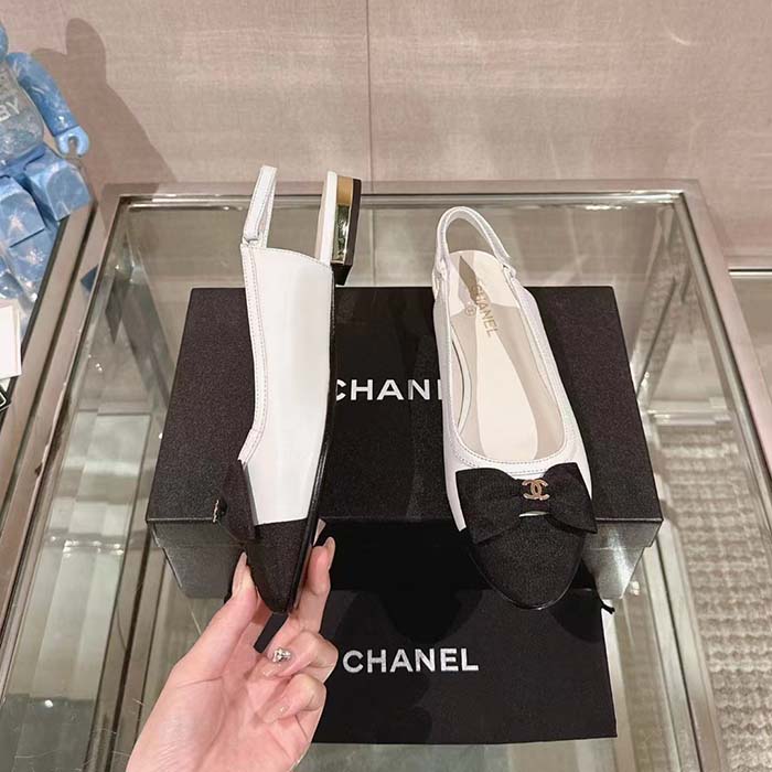 Chanel Women CC Slingbacks Lambskin Grosgrain White Black 1.5 CM Heel