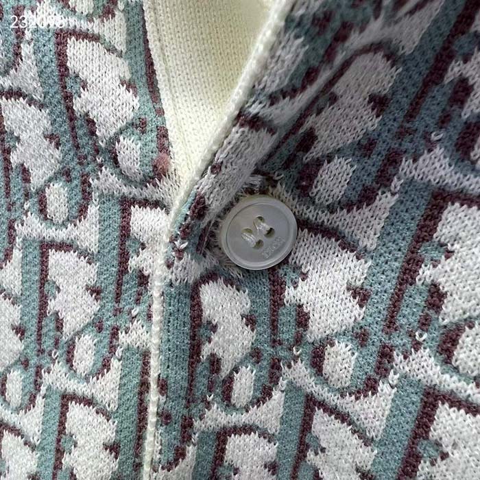 Dior CD Men Oblique Polo Shirt White Blue Brown Cotton Jacquard