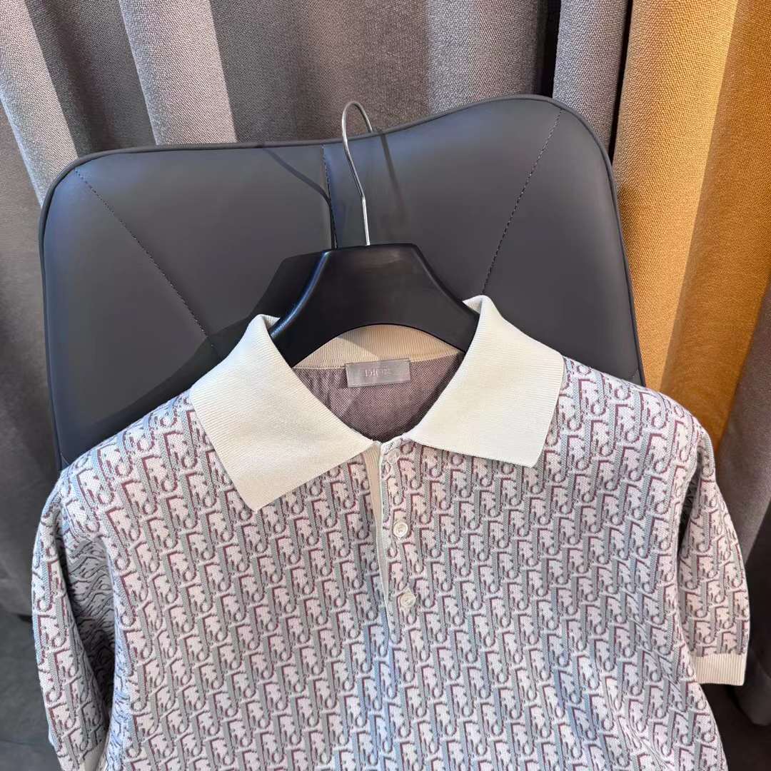 Dior CD Men Oblique Polo Shirt White Blue Brown Cotton Jacquard