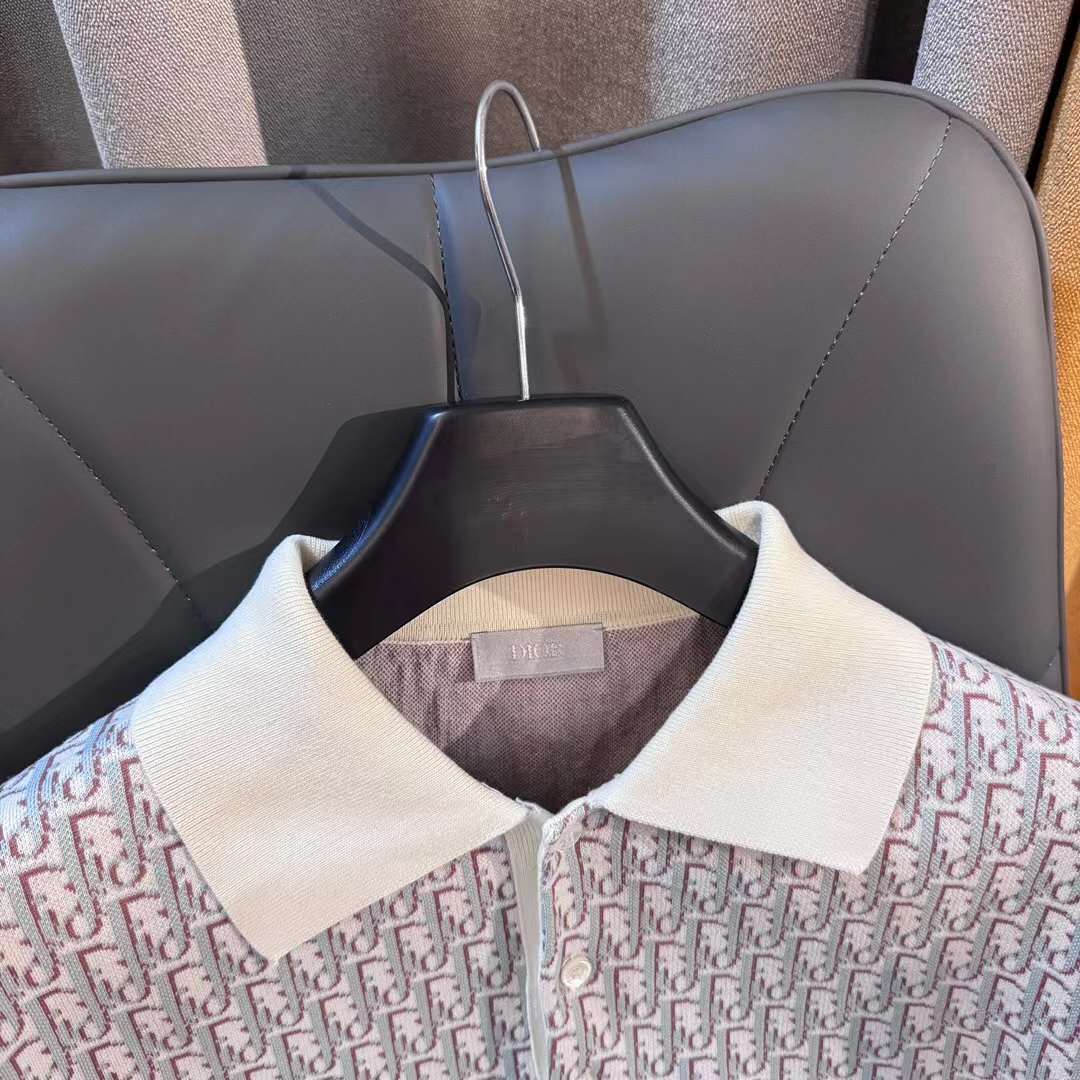 Dior CD Men Oblique Polo Shirt White Blue Brown Cotton Jacquard