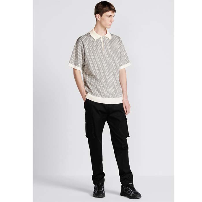 Dior CD Men Oblique Polo Shirt White Blue Brown Cotton Jacquard