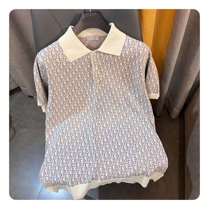Dior CD Men Oblique Polo Shirt White Blue Brown Cotton Jacquard