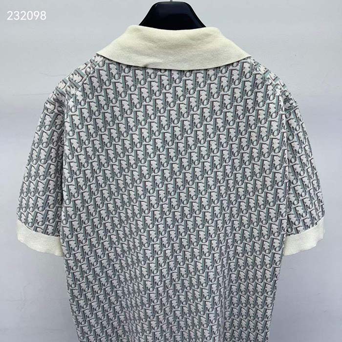 Dior CD Men Oblique Polo Shirt White Blue Brown Cotton Jacquard