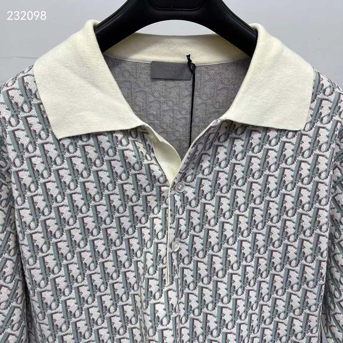 Dior CD Men Oblique Polo Shirt White Blue Brown Cotton Jacquard
