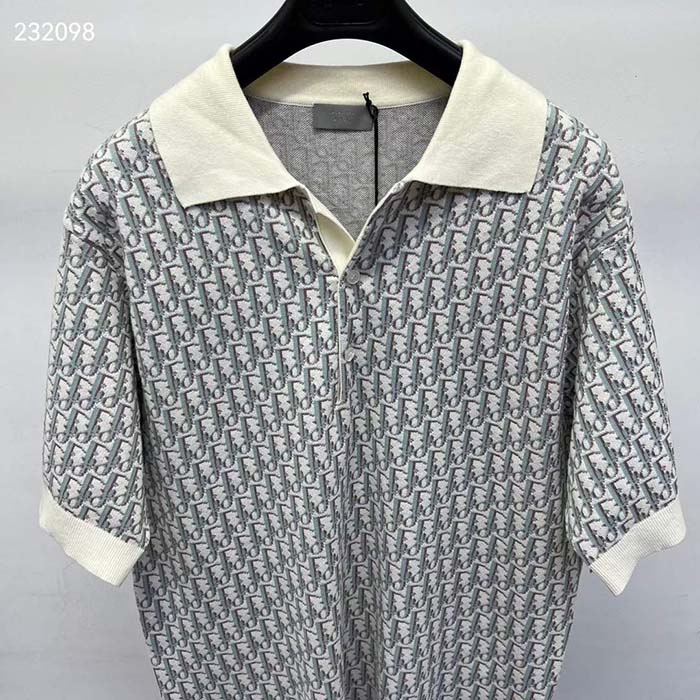 Dior CD Women Oblique Polo Shirt White Blue Brown Cotton Jacquard
