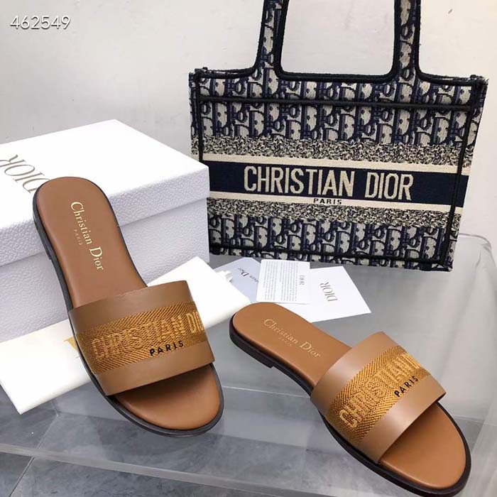 Dior CD Unisex Dway Slide Camel Calfskin Embroidered Cotton