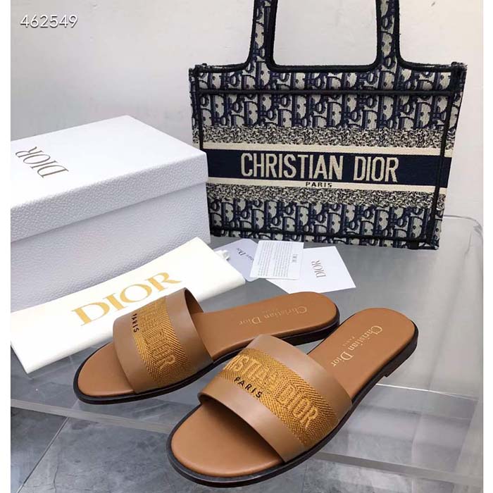 Dior CD Unisex Dway Slide Camel Calfskin Embroidered Cotton