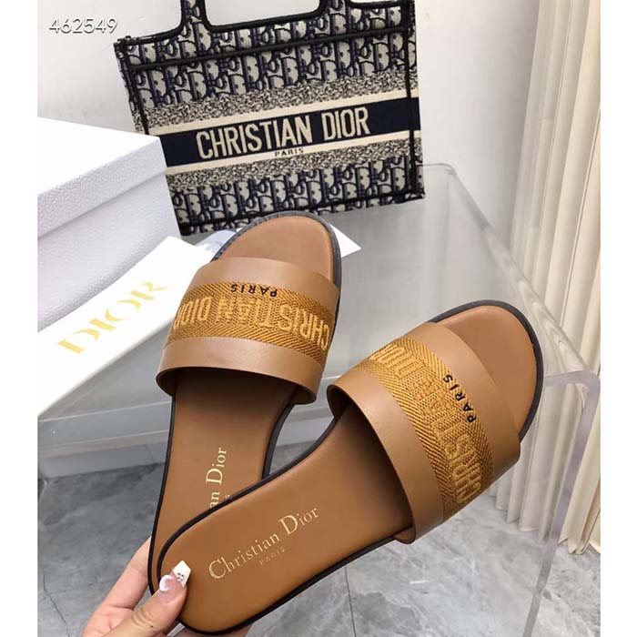Dior CD Unisex Dway Slide Camel Calfskin Embroidered Cotton