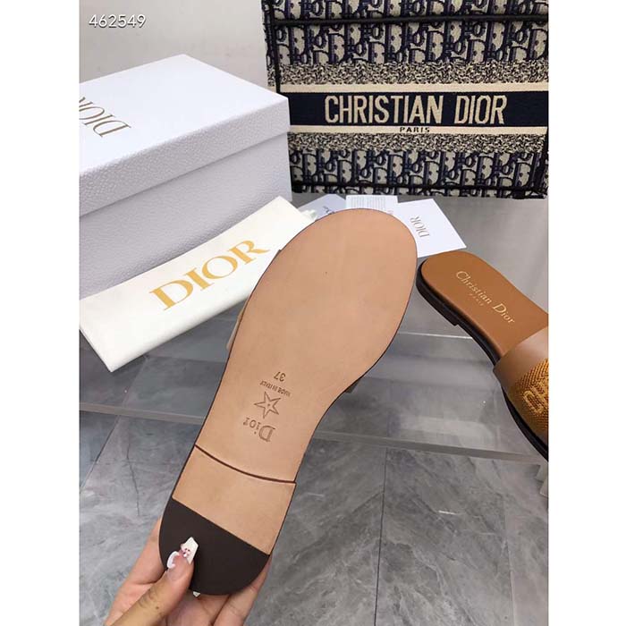 Dior CD Unisex Dway Slide Camel Calfskin Embroidered Cotton