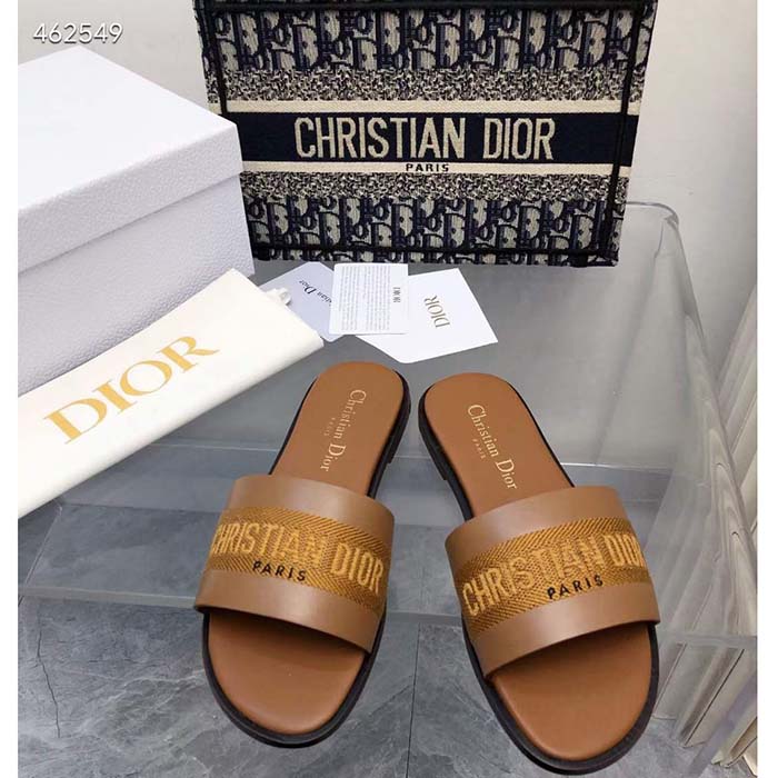 Dior CD Unisex Dway Slide Camel Calfskin Embroidered Cotton