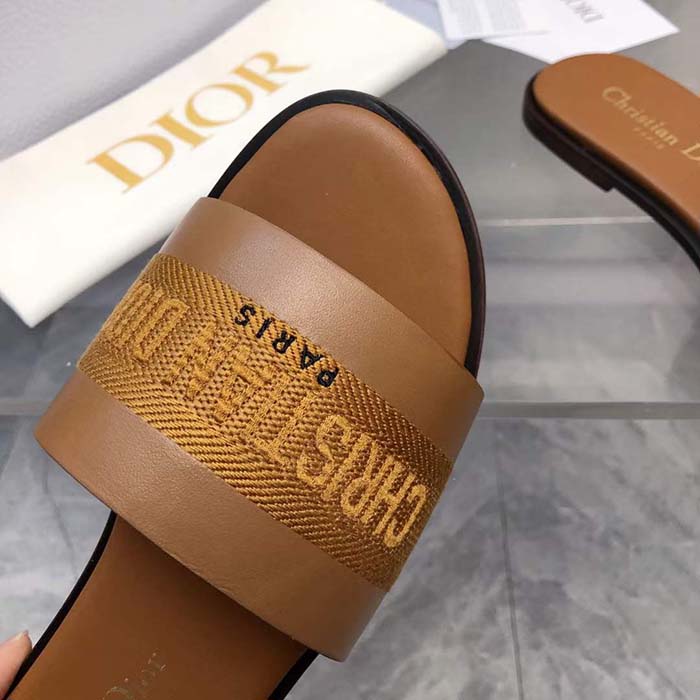 Dior CD Unisex Dway Slide Camel Calfskin Embroidered Cotton