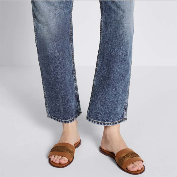 Dior CD Unisex Dway Slide Camel Calfskin Embroidered Cotton