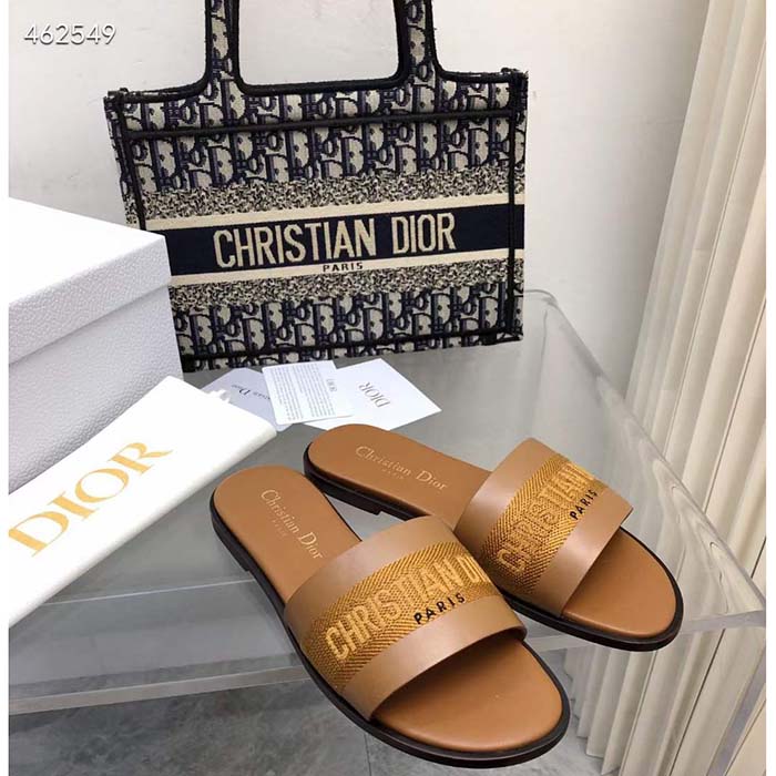 Dior CD Unisex Dway Slide Camel Calfskin Embroidered Cotton