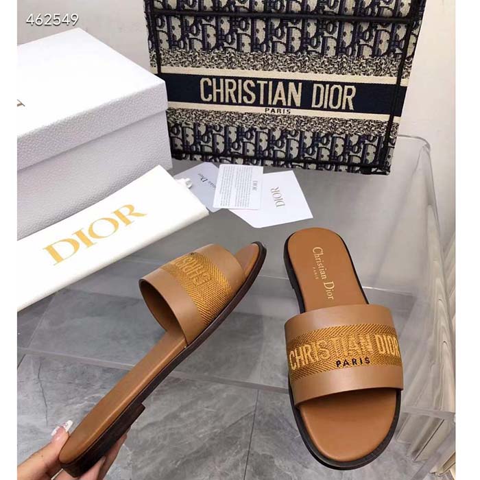 Dior CD Unisex Dway Slide Camel Calfskin Embroidered Cotton