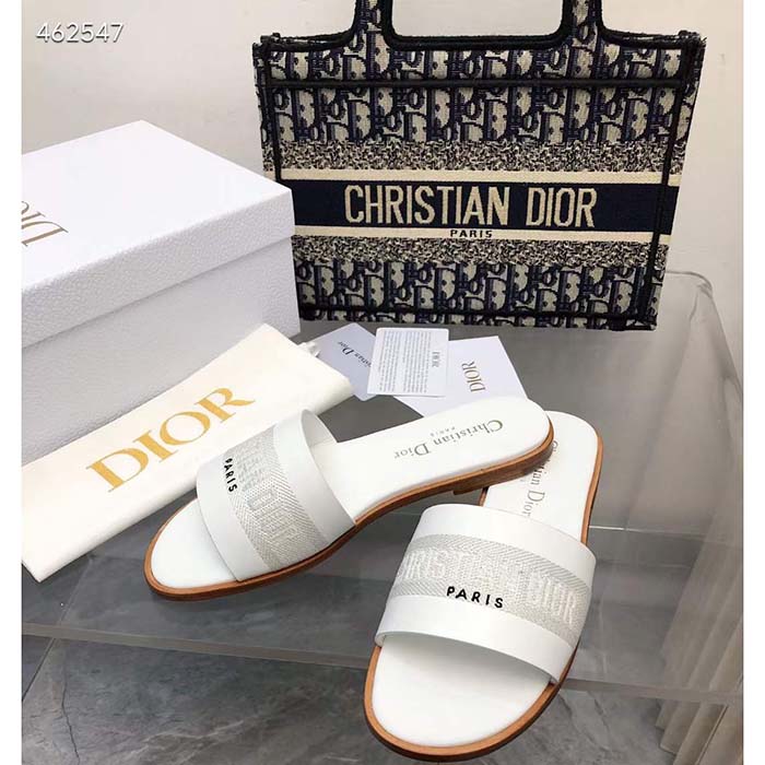 Dior CD Unisex Dway Slide White Calfskin Embroidered Cotton