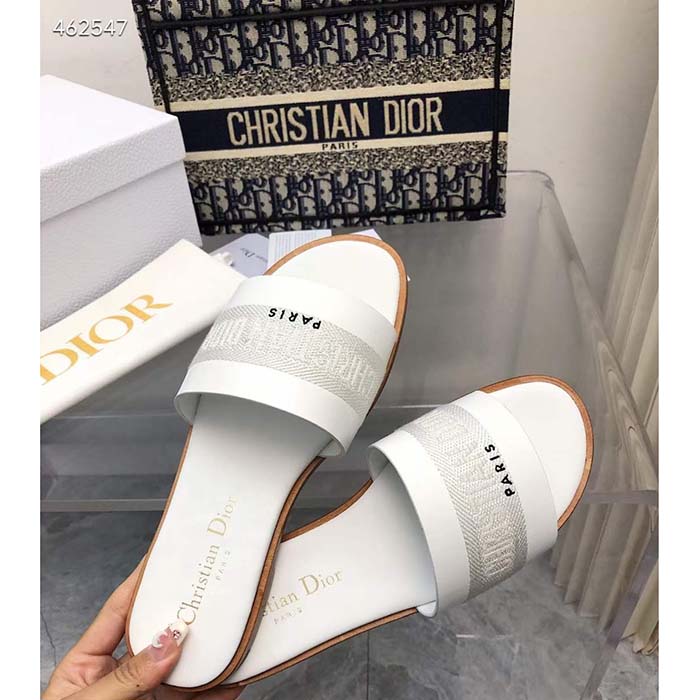 Dior CD Unisex Dway Slide White Calfskin Embroidered Cotton