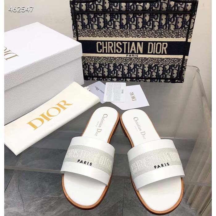 Dior CD Unisex Dway Slide White Calfskin Embroidered Cotton