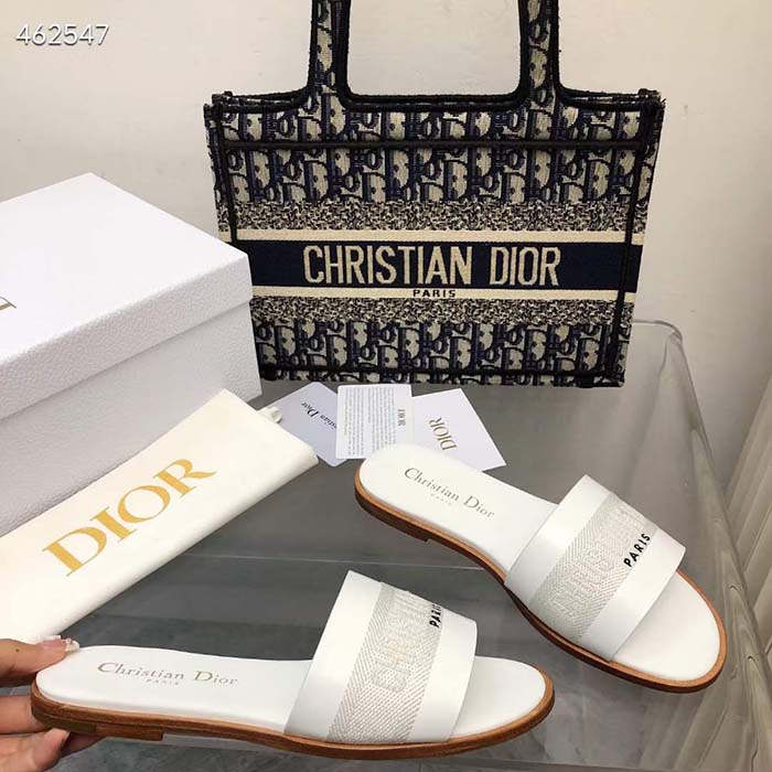 Dior CD Unisex Dway Slide White Calfskin Embroidered Cotton