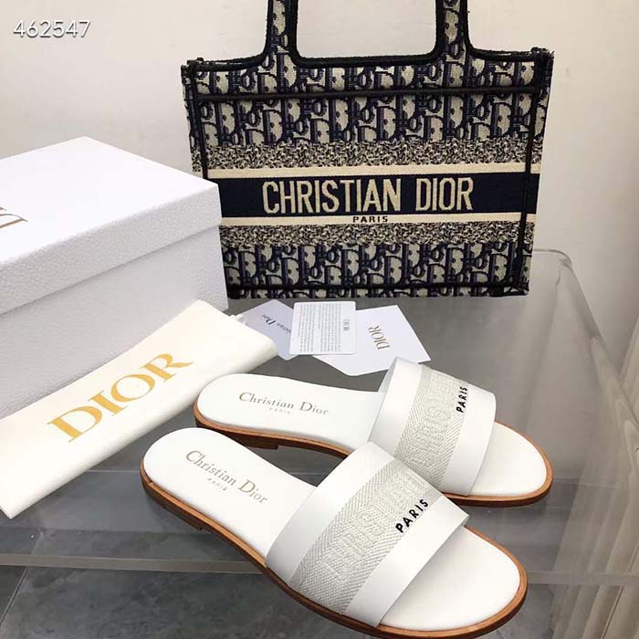 Dior CD Unisex Dway Slide White Calfskin Embroidered Cotton