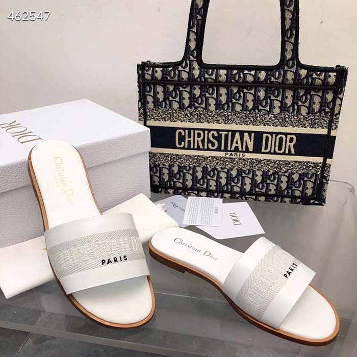 Dior CD Unisex Dway Slide White Calfskin Embroidered Cotton