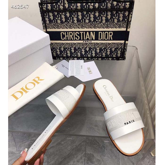 Dior CD Unisex Dway Slide White Calfskin Embroidered Cotton