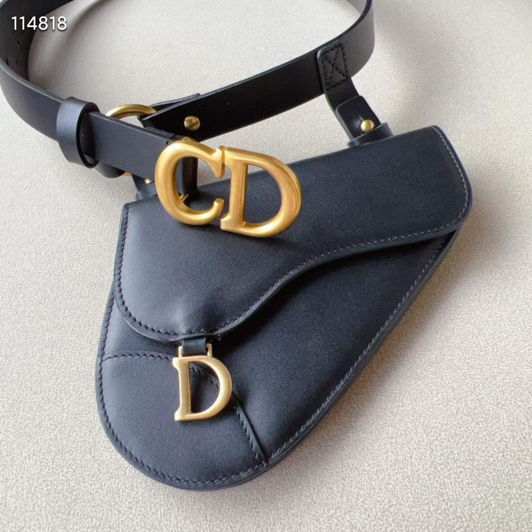 Dior CD Unisex Saddle Removable Pouch Belt Black Ultrasmooth Calfskin Goatskin