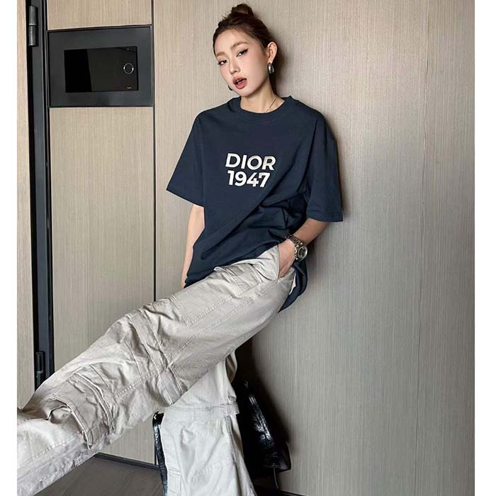 Dior CD Women Relaxed-Fit T-Shirt Navy Blue Cotton Jersey