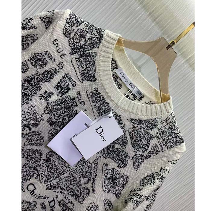 Dior CD Women Short-Sleeved Sweater White Navy Blue Cashmere Knit