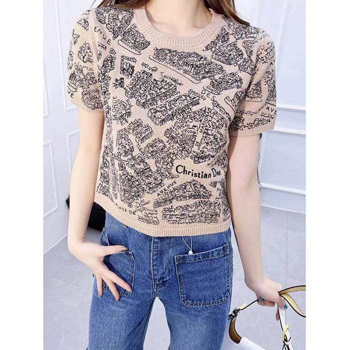 Dior CD Women Short-Sleeved Sweater White Navy Blue Cashmere Knit