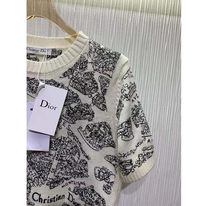 Dior CD Women Short-Sleeved Sweater White Navy Blue Cashmere Knit