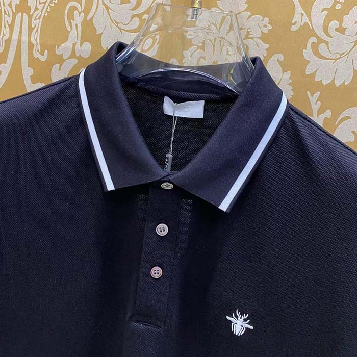 Dior Men CD Polo Shirt Bee Embroidery Black Cotton Piqué