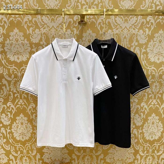 Dior Women CD Polo Shirt Bee Embroidery White Cotton Piqué