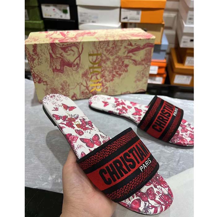 Dior Unisex CD Dway Slide White Red Embroidered Cotton Papillons