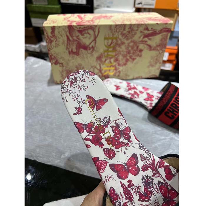 Dior Unisex CD Dway Slide White Red Embroidered Cotton Papillons