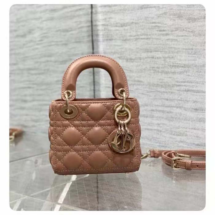 Dior Women CD Lady Dior Micro Bag Rose Des Vents Cannage Lambskin