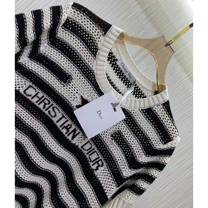 Dior Women CD Marinière Short-Sleeved Sweater White Blue Openwork Cotton